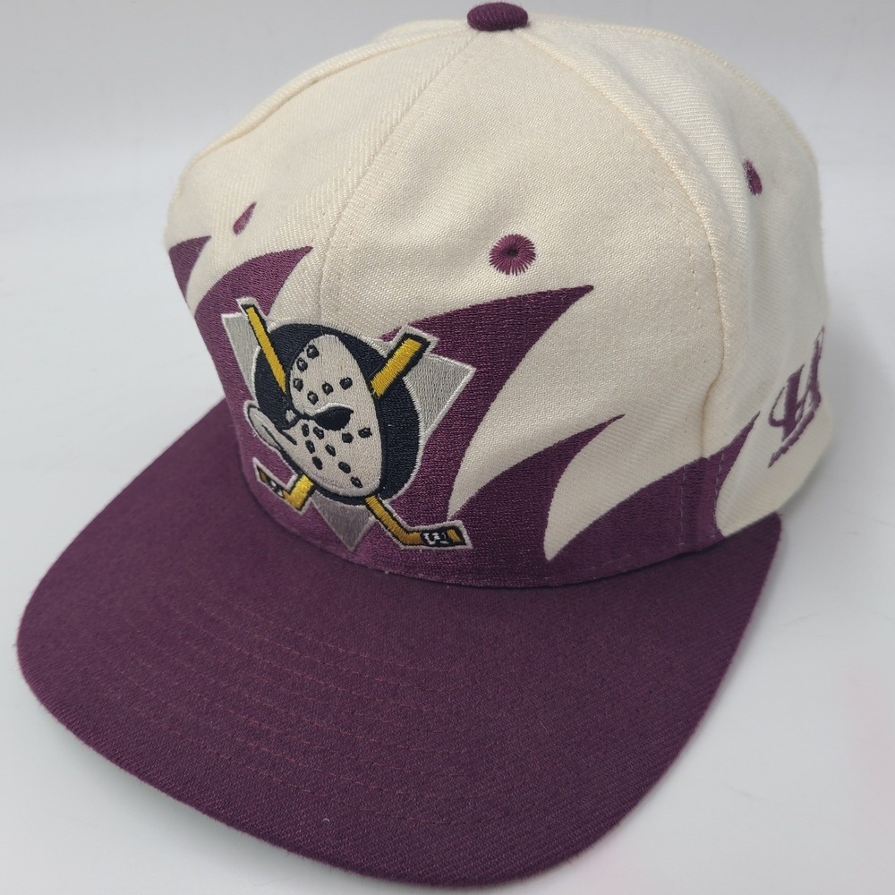 Vintage Anaheim Mighty Ducks Hat Snapback Logo Athletic Purple Cream Sharktooth